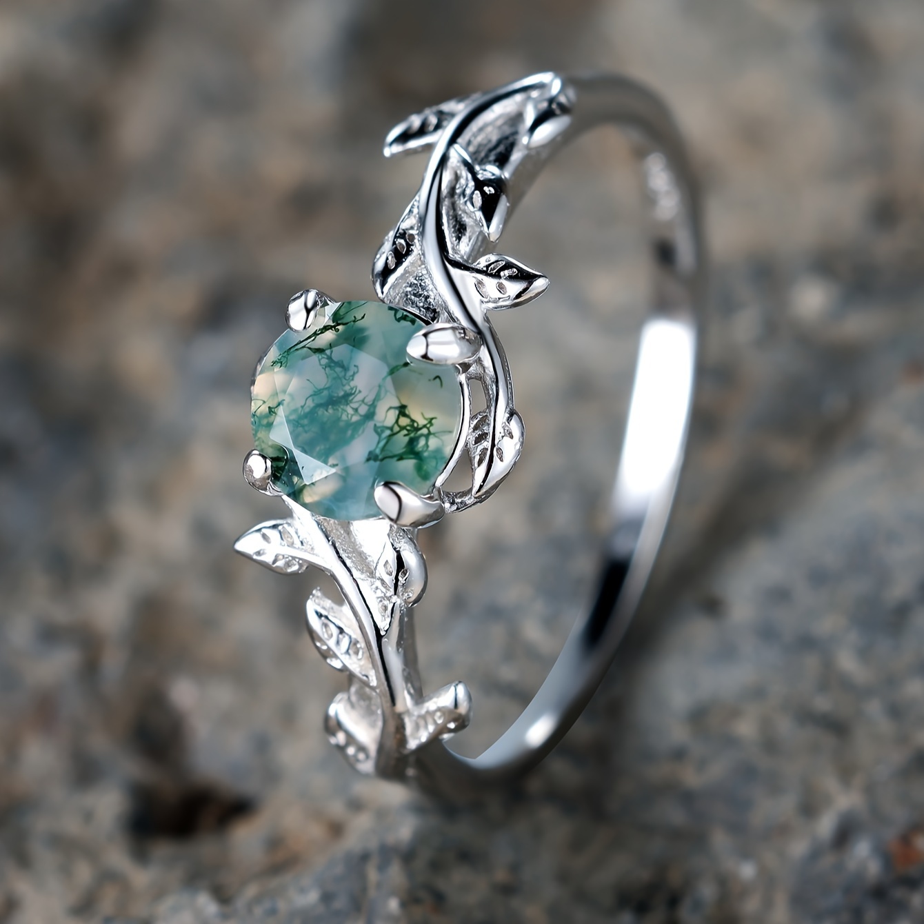 925 Silver Green Agate Leaf Ring Wedding Gift